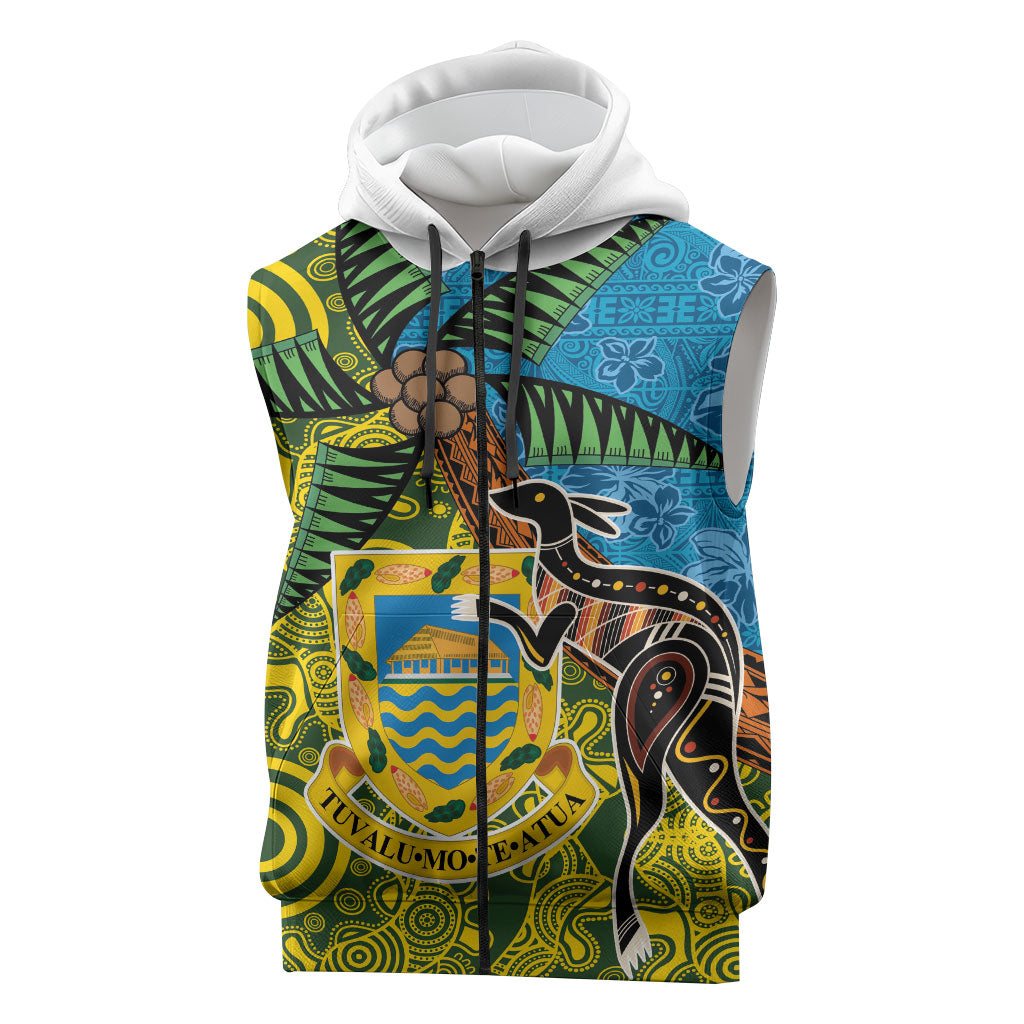 Tuvalu and Australia Together Sleeveless Zip Hoodie Tapa Pattern and Aboriginal mix Culture LT03 Multicolor - Polynesian Pride
