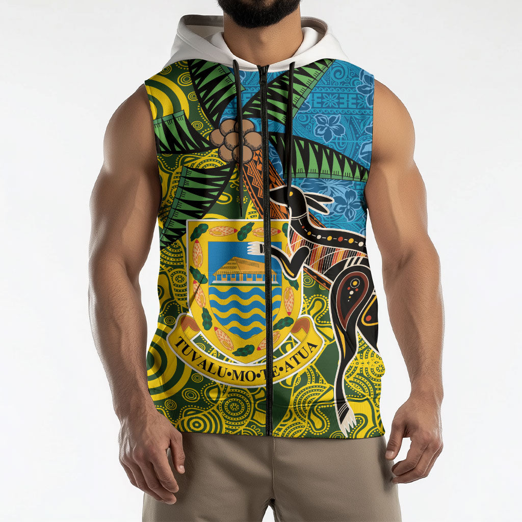 Tuvalu and Australia Together Sleeveless Zip Hoodie Tapa Pattern and Aboriginal mix Culture LT03 - Polynesian Pride