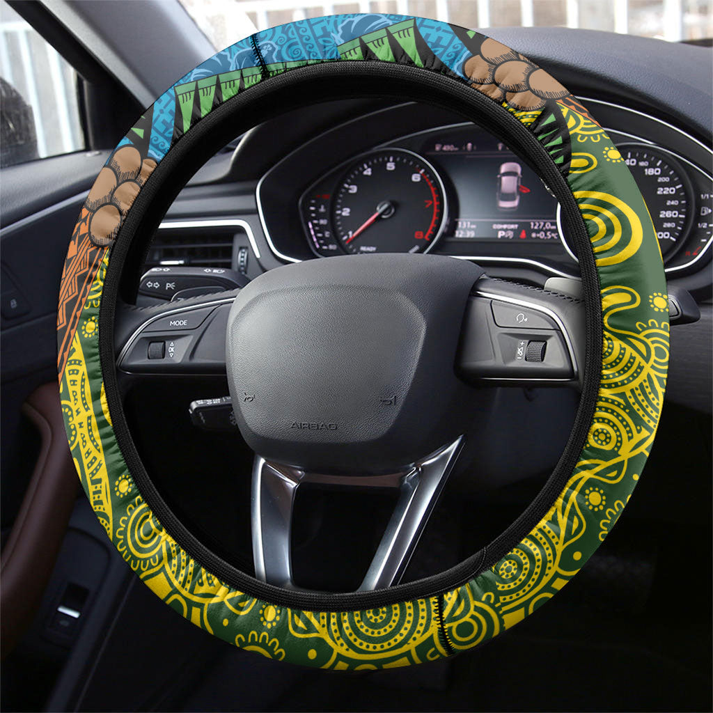 Tuvalu and Australia Together Steering Wheel Cover Tapa Pattern and Aboriginal mix Culture LT03 - Polynesian Pride