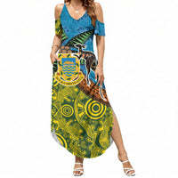 Tuvalu and Australia Together Summer Maxi Dress Tapa Pattern and Aboriginal mix Culture LT03 Women Multicolor - Polynesian Pride