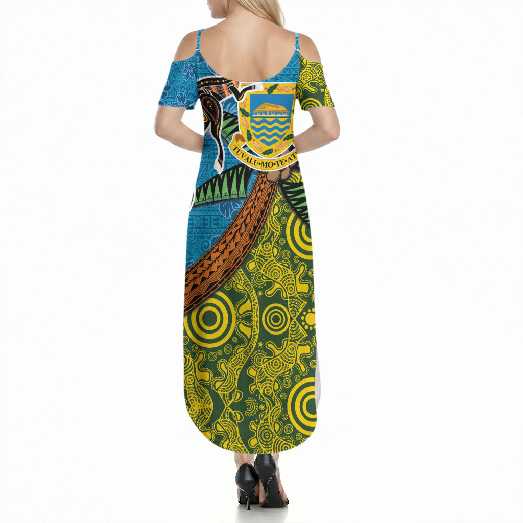 Tuvalu and Australia Together Summer Maxi Dress Tapa Pattern and Aboriginal mix Culture LT03 - Polynesian Pride