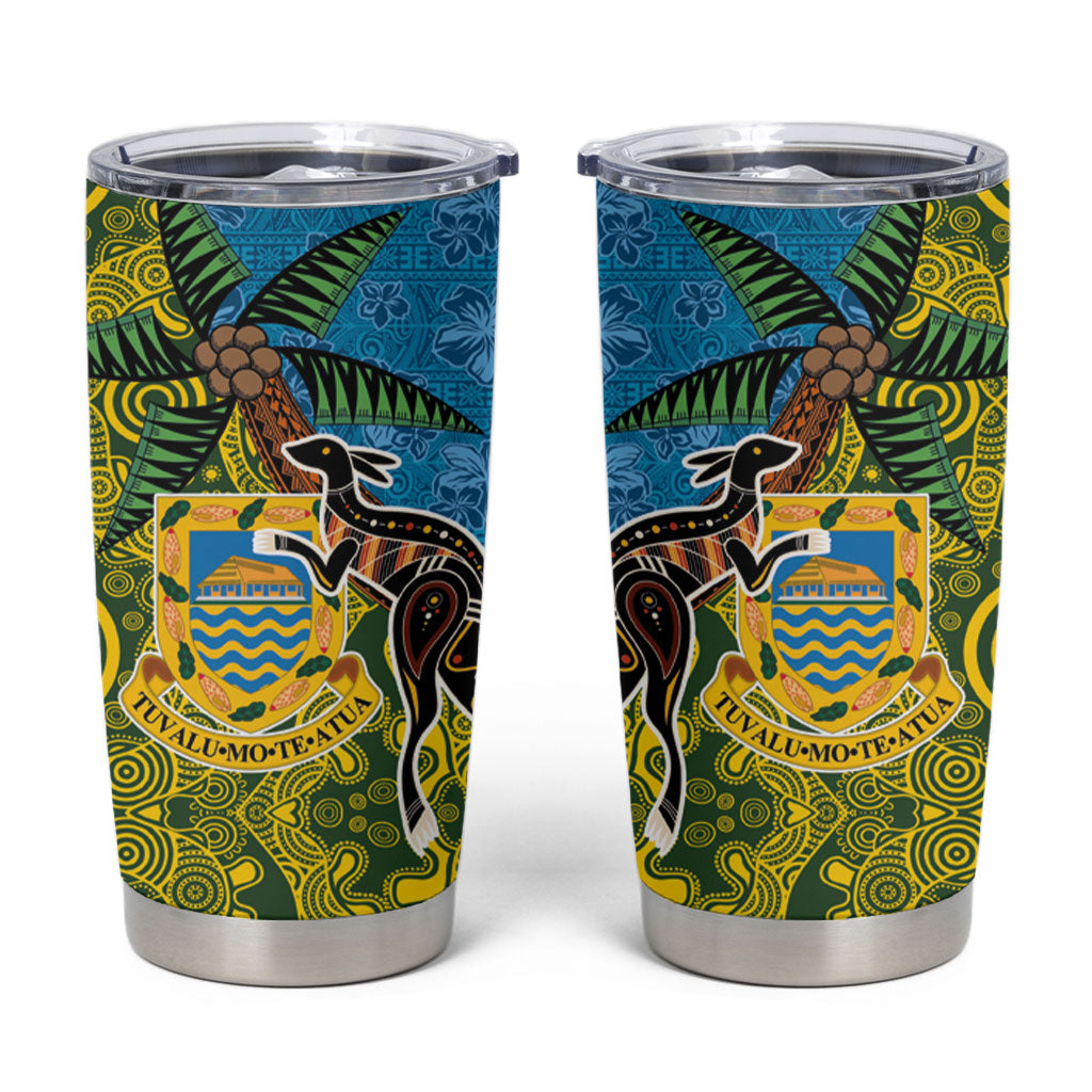Tuvalu and Australia Together Tumbler Cup Tapa Pattern and Aboriginal mix Culture LT03 Multicolor - Polynesian Pride