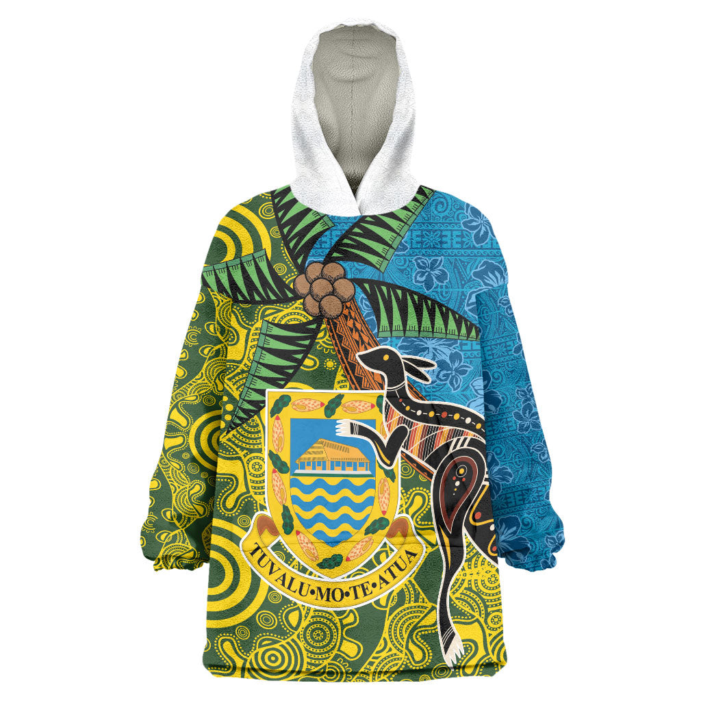 Tuvalu and Australia Together Wearable Blanket Hoodie Tapa Pattern and Aboriginal mix Culture LT03 One Size Multicolor - Polynesian Pride