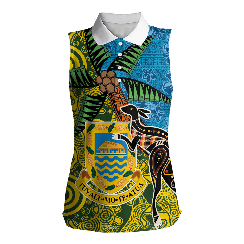 Tuvalu and Australia Together Women Sleeveless Polo Shirt Tapa Pattern and Aboriginal mix Culture LT03 Female Multicolor - Polynesian Pride