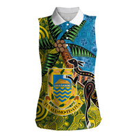 Tuvalu and Australia Together Women Sleeveless Polo Shirt Tapa Pattern and Aboriginal mix Culture LT03 Female Multicolor - Polynesian Pride