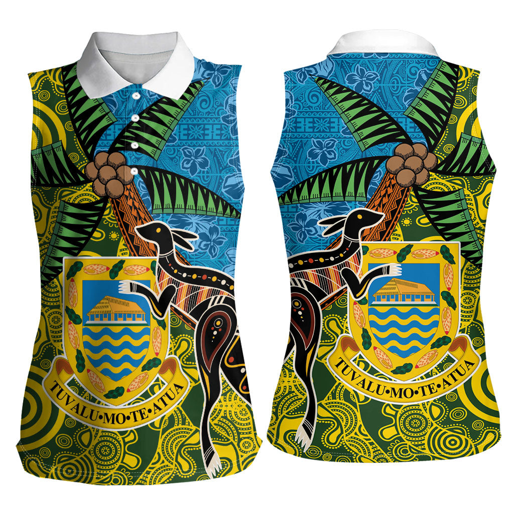 Tuvalu and Australia Together Women Sleeveless Polo Shirt Tapa Pattern and Aboriginal mix Culture LT03 - Polynesian Pride