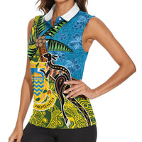 Tuvalu and Australia Together Women Sleeveless Polo Shirt Tapa Pattern and Aboriginal mix Culture LT03 - Polynesian Pride