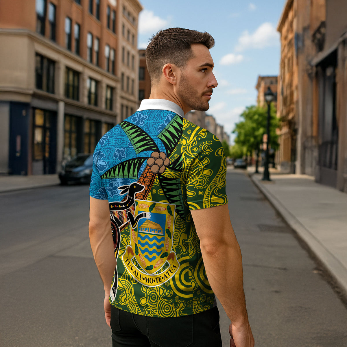 Tuvalu and Australia Together Zipper Polo Shirt Tapa Pattern and Aboriginal mix Culture LT03 - Polynesian Pride