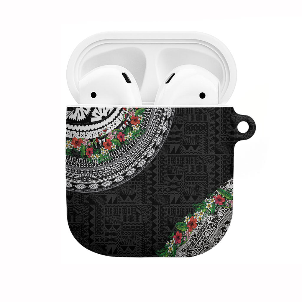 Fiji Hibiscus AirPods Case Tapa Masi Motifs with Tropical Plants LT03 Black - Polynesian Pride