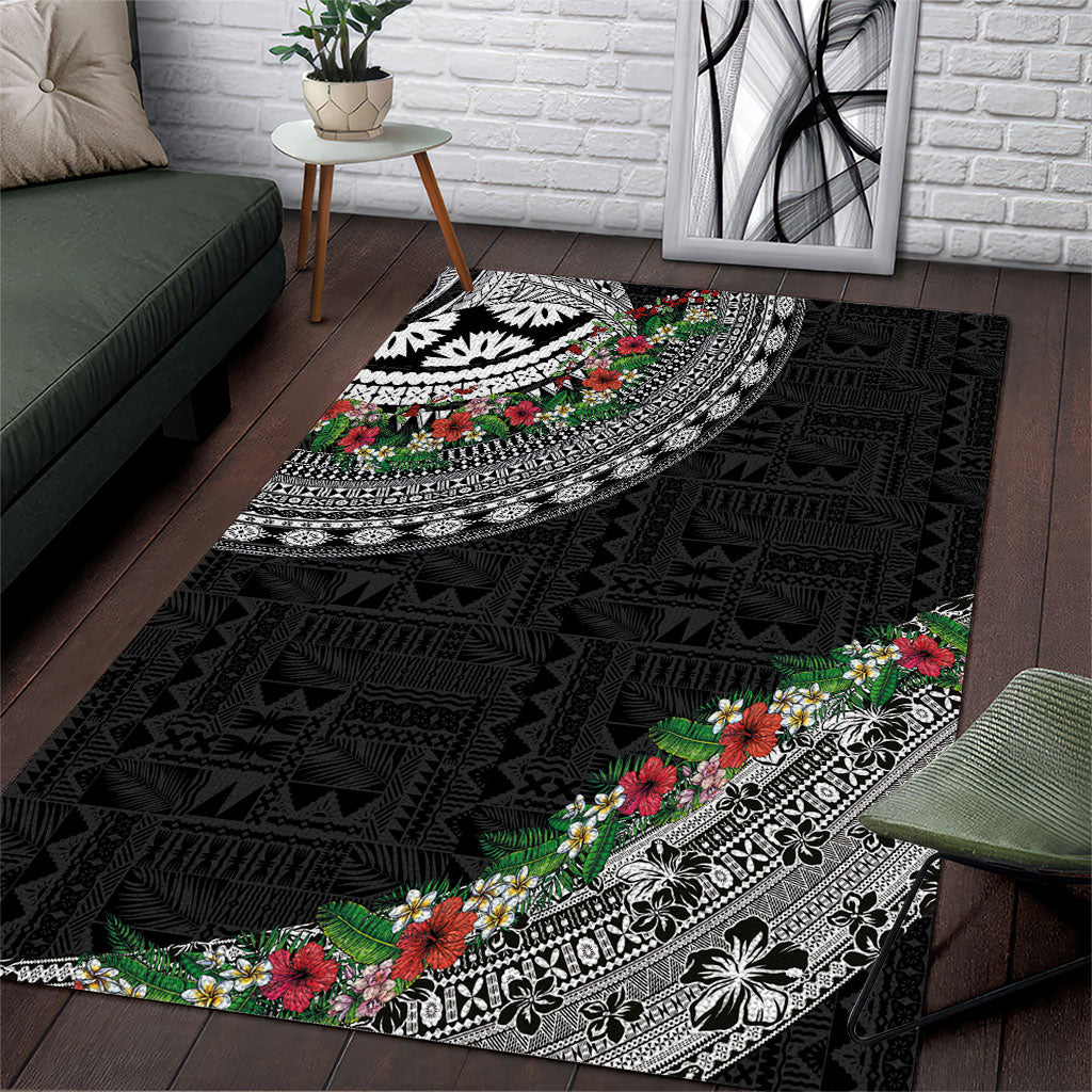Fiji Hibiscus Area Rug Tapa Masi Motifs with Tropical Plants LT03 Black - Polynesian Pride