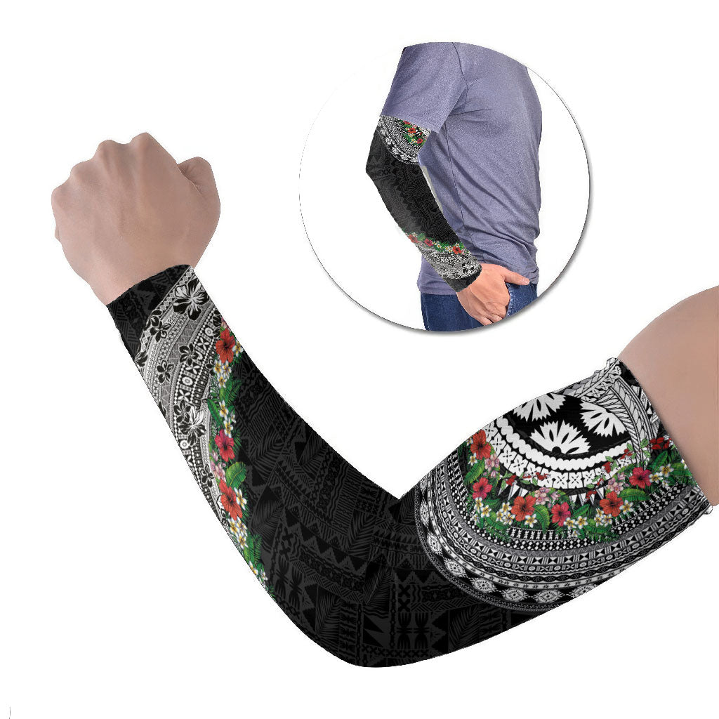 Fiji Hibiscus Arm Sleeves Tapa Masi Motifs with Tropical Plants LT03 Set of 2 Black - Polynesian Pride