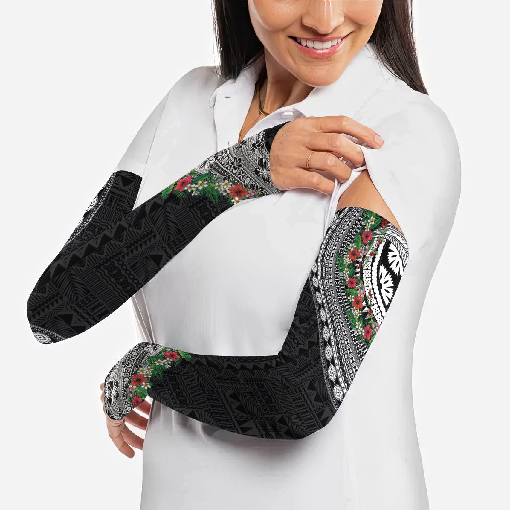 Fiji Hibiscus Arm Sleeves Tapa Masi Motifs with Tropical Plants LT03 - Polynesian Pride