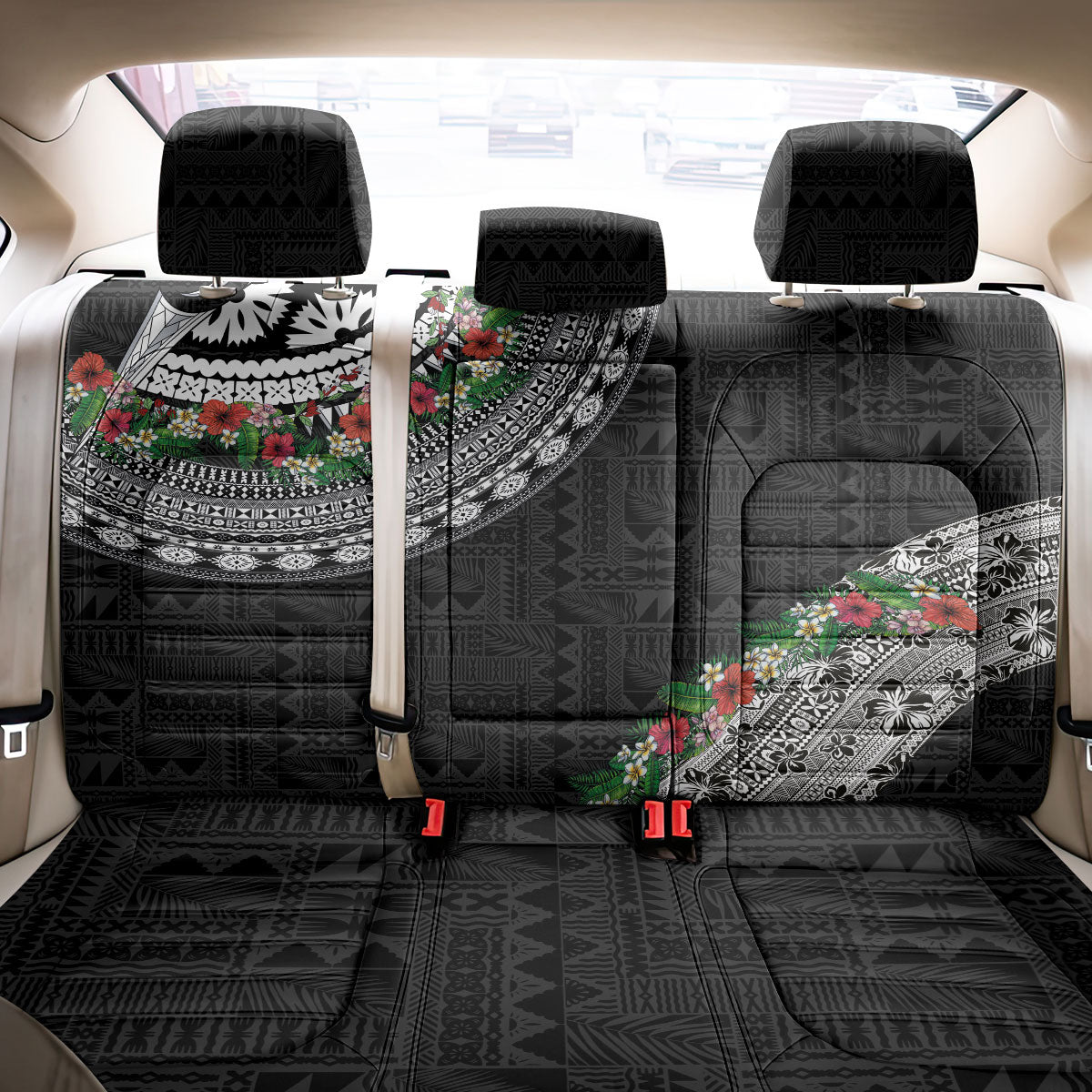 Fiji Hibiscus Back Car Seat Cover Tapa Masi Motifs with Tropical Plants LT03 - Polynesian Pride