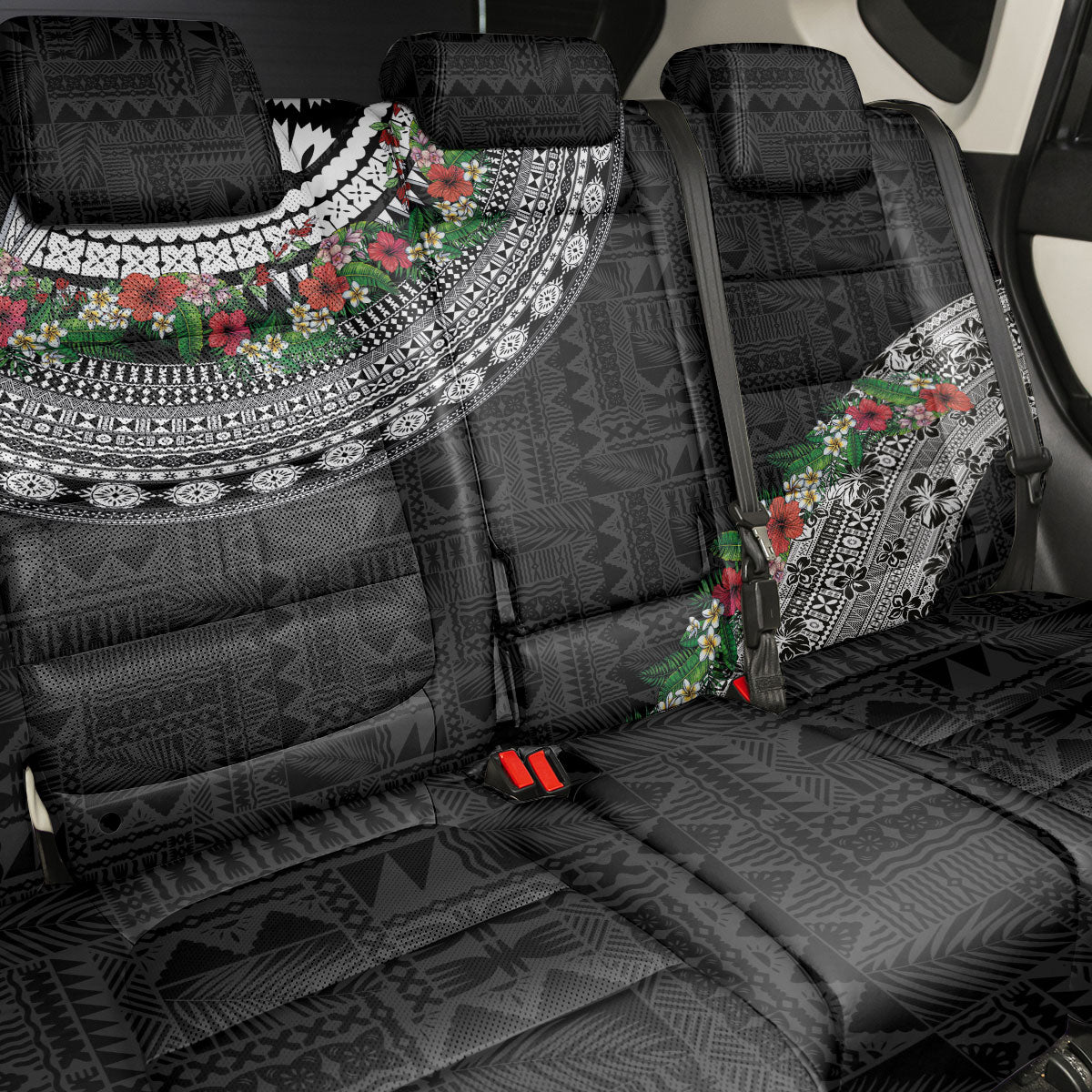 Fiji Hibiscus Back Car Seat Cover Tapa Masi Motifs with Tropical Plants LT03 - Polynesian Pride