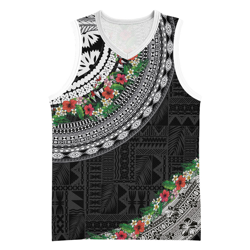 Fiji Hibiscus Basketball Jersey Tapa Masi Motifs with Tropical Plants LT03 Unisex Black - Polynesian Pride