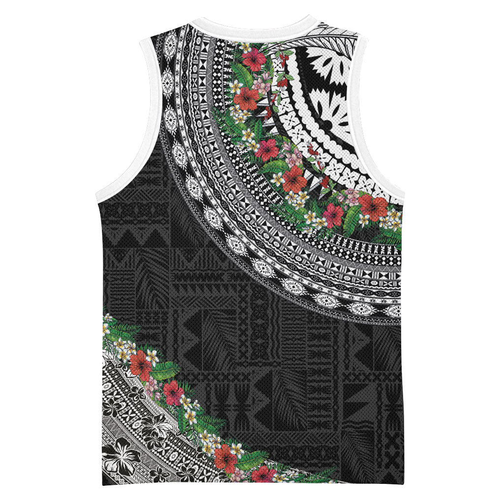 Fiji Hibiscus Basketball Jersey Tapa Masi Motifs with Tropical Plants LT03 - Polynesian Pride