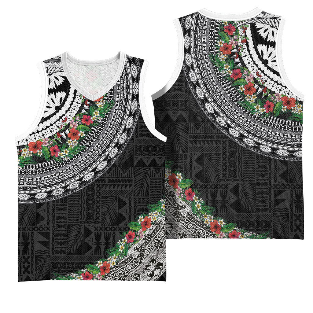 Fiji Hibiscus Basketball Jersey Tapa Masi Motifs with Tropical Plants LT03 - Polynesian Pride