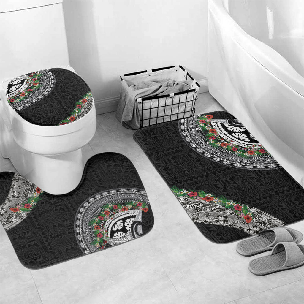 Fiji Hibiscus Bathroom Set Tapa Masi Motifs with Tropical Plants LT03 Mat Set Only (3 pcs) One Size Black - Polynesian Pride