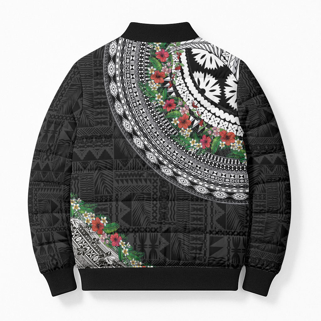 Fiji Hibiscus Bomber Puffer Jacket Tapa Masi Motifs with Tropical Plants LT03 - Polynesian Pride