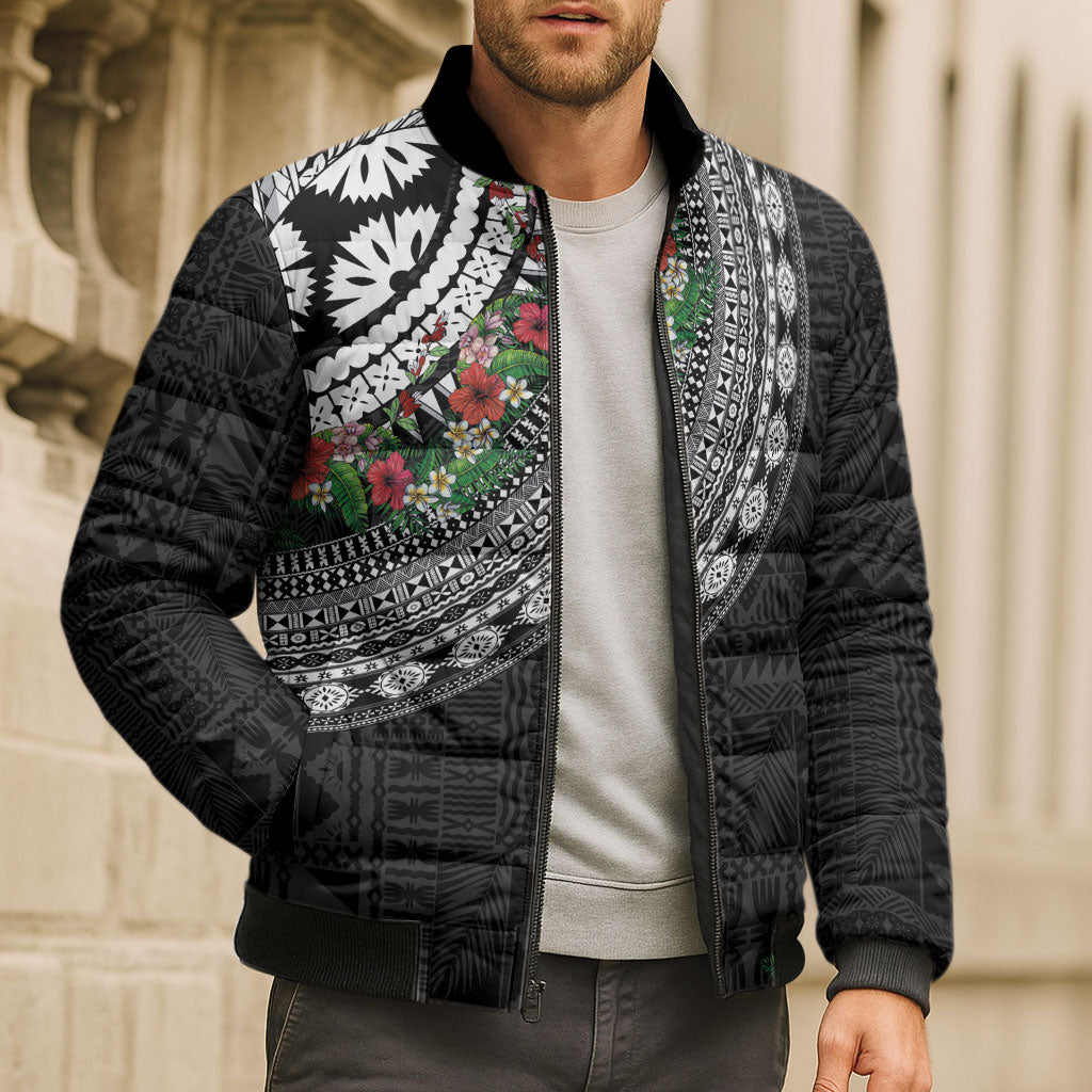 Fiji Hibiscus Bomber Puffer Jacket Tapa Masi Motifs with Tropical Plants LT03 - Polynesian Pride