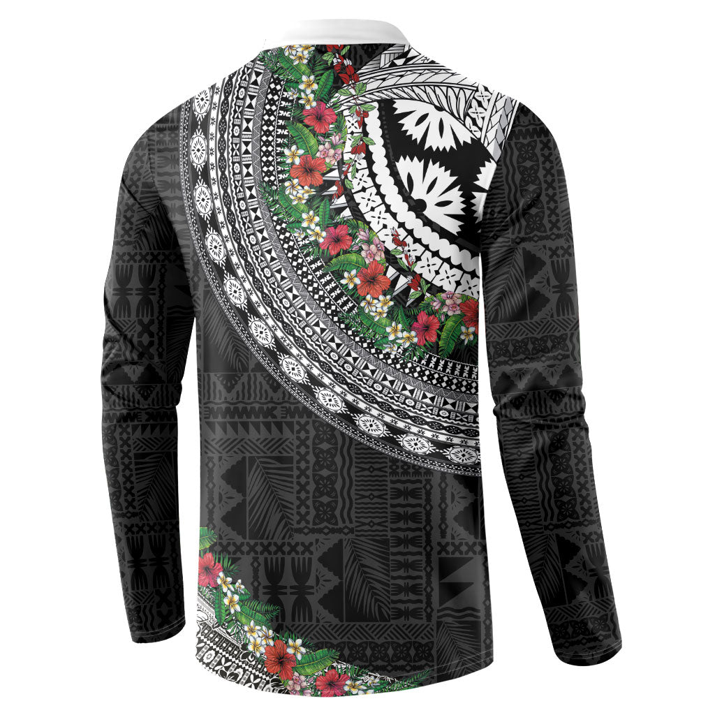 Fiji Hibiscus Button Sweatshirt Tapa Masi Motifs with Tropical Plants LT03 - Polynesian Pride