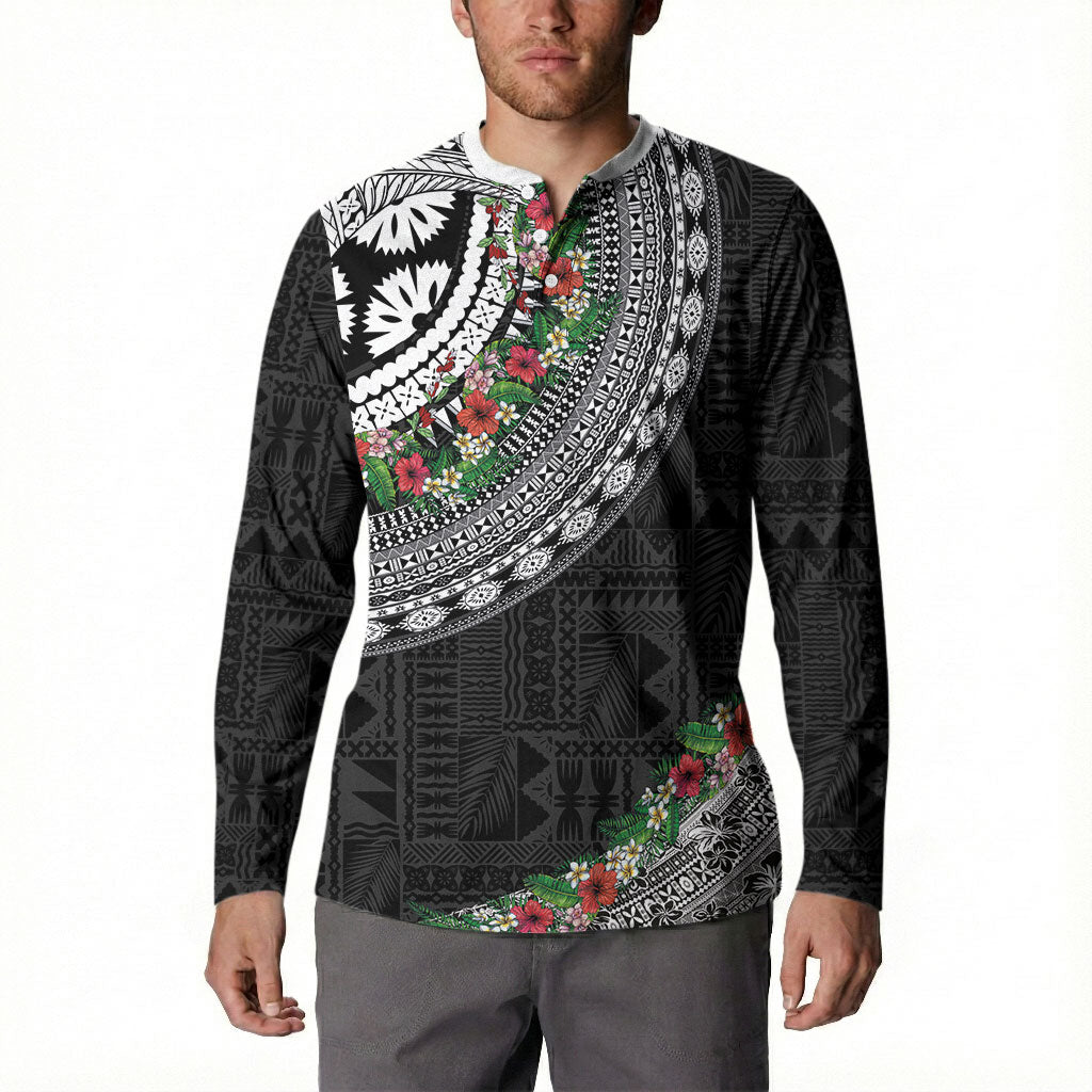 Fiji Hibiscus Button Sweatshirt Tapa Masi Motifs with Tropical Plants LT03 - Polynesian Pride