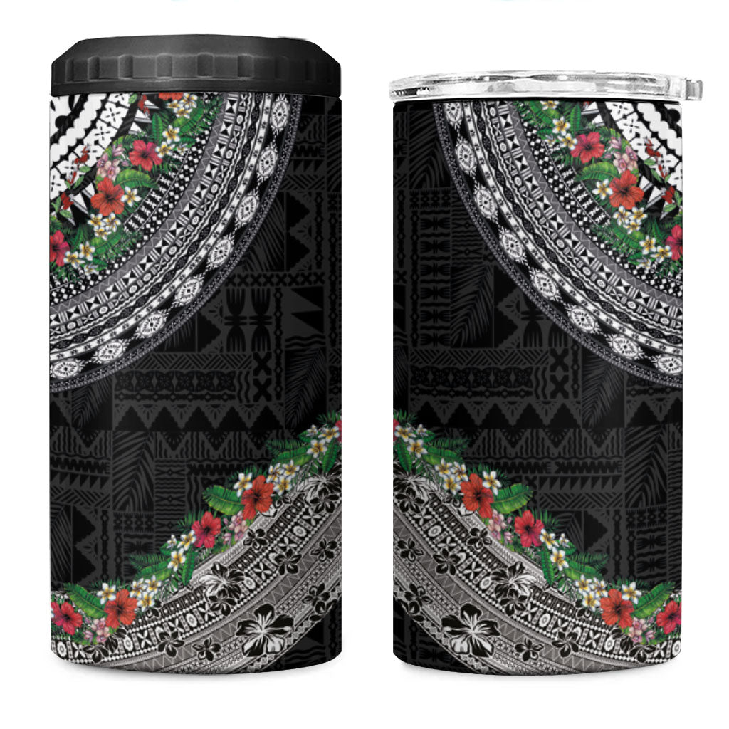 Fiji Hibiscus 4 in 1 Can Cooler Tumbler Tapa Masi Motifs with Tropical Plants LT03 One Size: 16 oz Black - Polynesian Pride