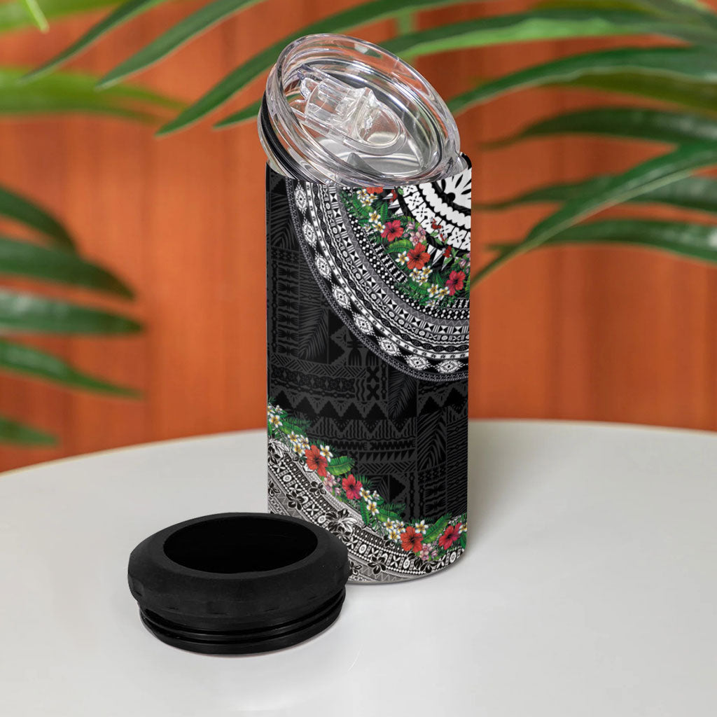 Fiji Hibiscus 4 in 1 Can Cooler Tumbler Tapa Masi Motifs with Tropical Plants LT03 - Polynesian Pride