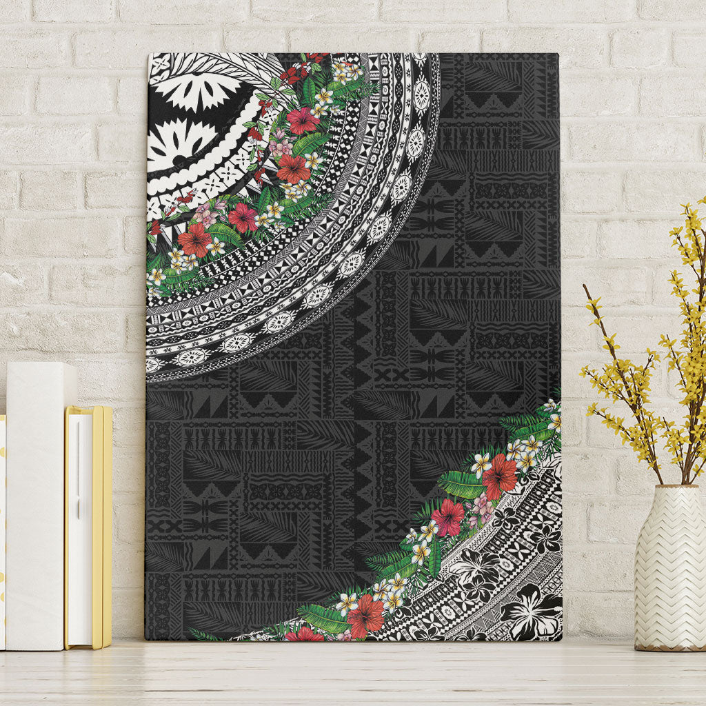 Fiji Hibiscus Canvas Wall Art Tapa Masi Motifs with Tropical Plants LT03 Without Frame Black - Polynesian Pride