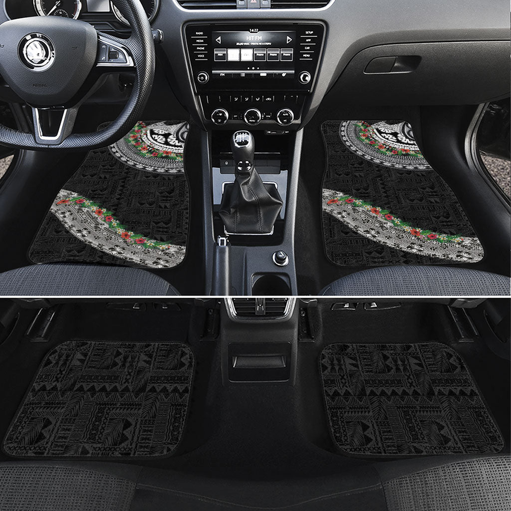 Fiji Hibiscus Car Mats Tapa Masi Motifs with Tropical Plants LT03 Set 4pcs Black - Polynesian Pride