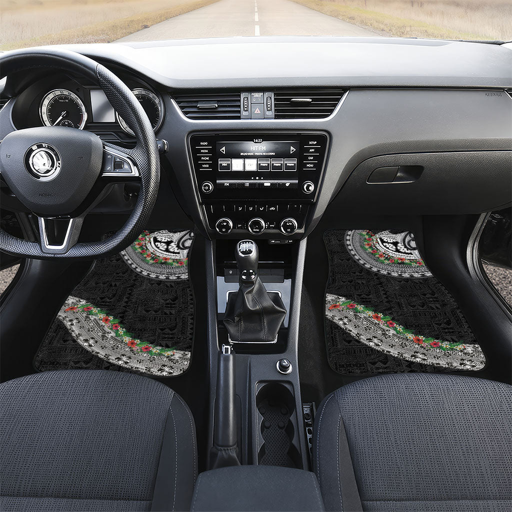 Fiji Hibiscus Car Mats Tapa Masi Motifs with Tropical Plants LT03 Set 2pcs - Front Black - Polynesian Pride