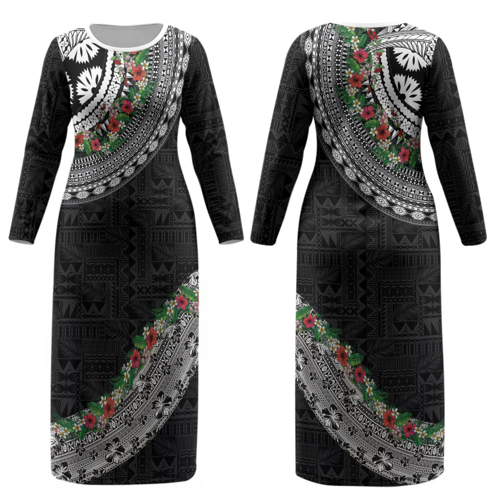 Fiji Hibiscus Couples Matching Long Sleeve Bodycon Dress and Long Sleeve Button Shirt Tapa Masi Motifs with Tropical Plants LT03 - Polynesian Pride