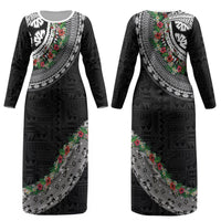 Fiji Hibiscus Couples Matching Long Sleeve Bodycon Dress and Long Sleeve Button Shirt Tapa Masi Motifs with Tropical Plants LT03 - Polynesian Pride