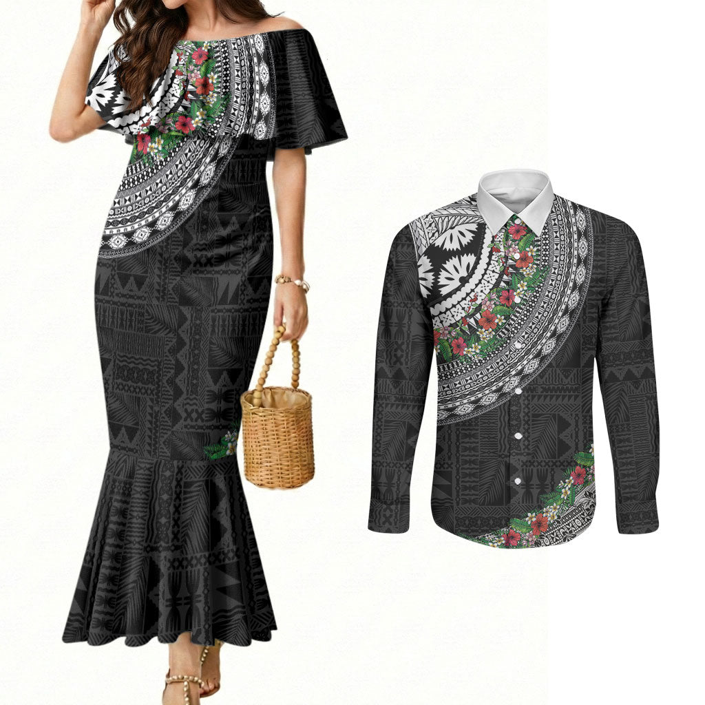 Fiji Hibiscus Couples Matching Mermaid Dress and Long Sleeve Button Shirt Tapa Masi Motifs with Tropical Plants LT03 Black - Polynesian Pride