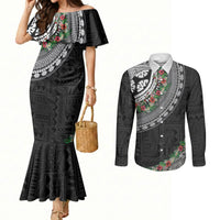 Fiji Hibiscus Couples Matching Mermaid Dress and Long Sleeve Button Shirt Tapa Masi Motifs with Tropical Plants LT03 Black - Polynesian Pride
