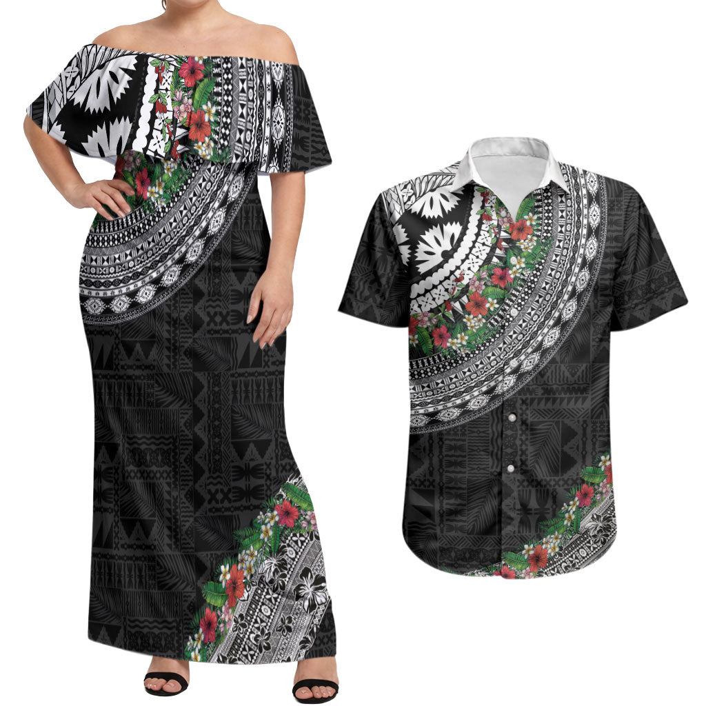 Fiji Hibiscus Couples Matching Off Shoulder Maxi Dress and Hawaiian Shirt Tapa Masi Motifs with Tropical Plants LT03 Black - Polynesian Pride