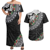 Fiji Hibiscus Couples Matching Off Shoulder Maxi Dress and Hawaiian Shirt Tapa Masi Motifs with Tropical Plants LT03 Black - Polynesian Pride
