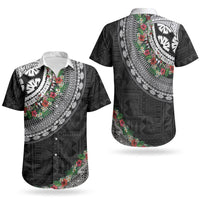 Fiji Hibiscus Couples Matching Off Shoulder Maxi Dress and Hawaiian Shirt Tapa Masi Motifs with Tropical Plants LT03 - Polynesian Pride