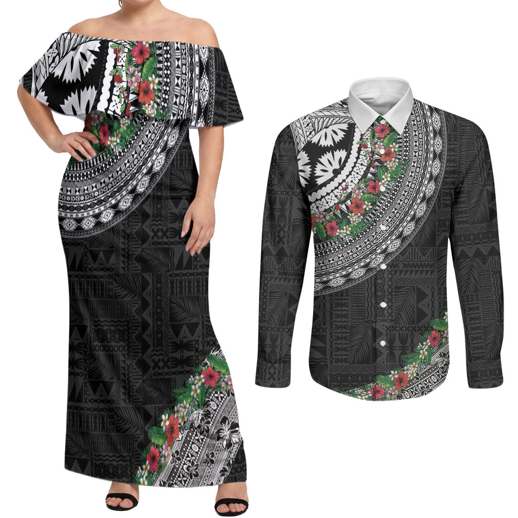 Fiji Hibiscus Couples Matching Off Shoulder Maxi Dress and Long Sleeve Button Shirt Tapa Masi Motifs with Tropical Plants LT03 Black - Polynesian Pride