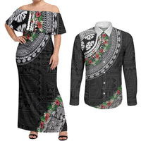 Fiji Hibiscus Couples Matching Off Shoulder Maxi Dress and Long Sleeve Button Shirt Tapa Masi Motifs with Tropical Plants LT03 Black - Polynesian Pride