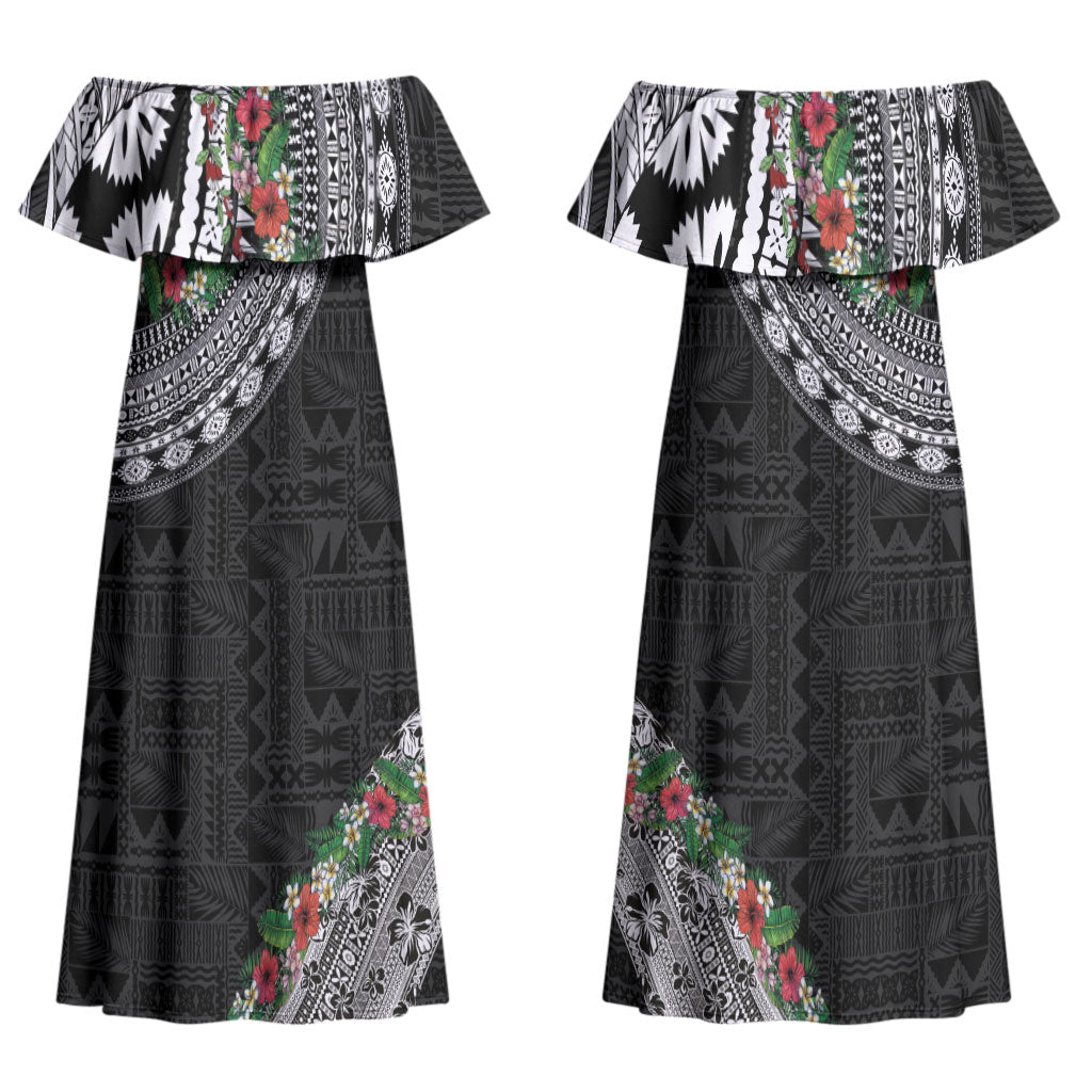 Fiji Hibiscus Couples Matching Off Shoulder Maxi Dress and Long Sleeve Button Shirt Tapa Masi Motifs with Tropical Plants LT03 - Polynesian Pride
