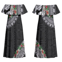 Fiji Hibiscus Couples Matching Off Shoulder Maxi Dress and Long Sleeve Button Shirt Tapa Masi Motifs with Tropical Plants LT03 - Polynesian Pride