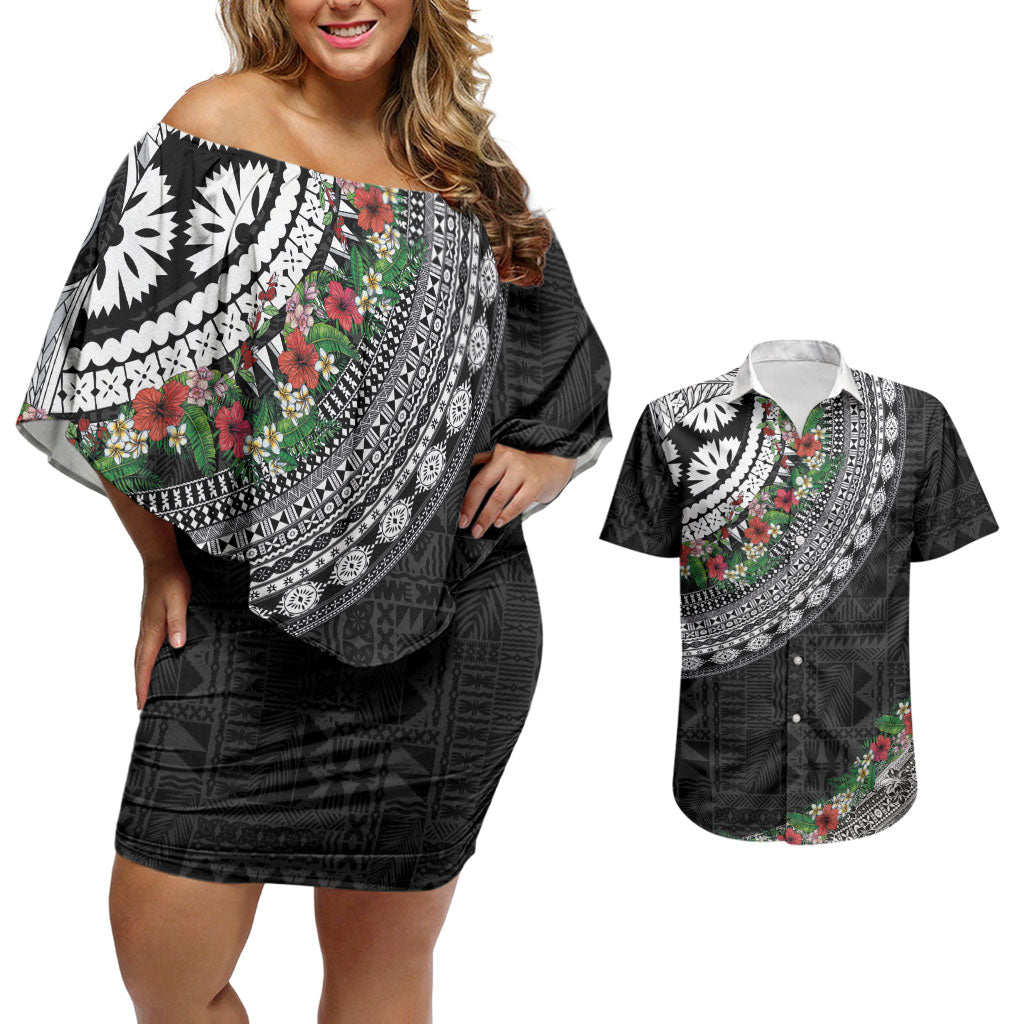Fiji Hibiscus Couples Matching Off Shoulder Short Dress and Hawaiian Shirt Tapa Masi Motifs with Tropical Plants LT03 Black - Polynesian Pride