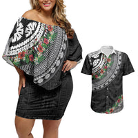 Fiji Hibiscus Couples Matching Off Shoulder Short Dress and Hawaiian Shirt Tapa Masi Motifs with Tropical Plants LT03 Black - Polynesian Pride