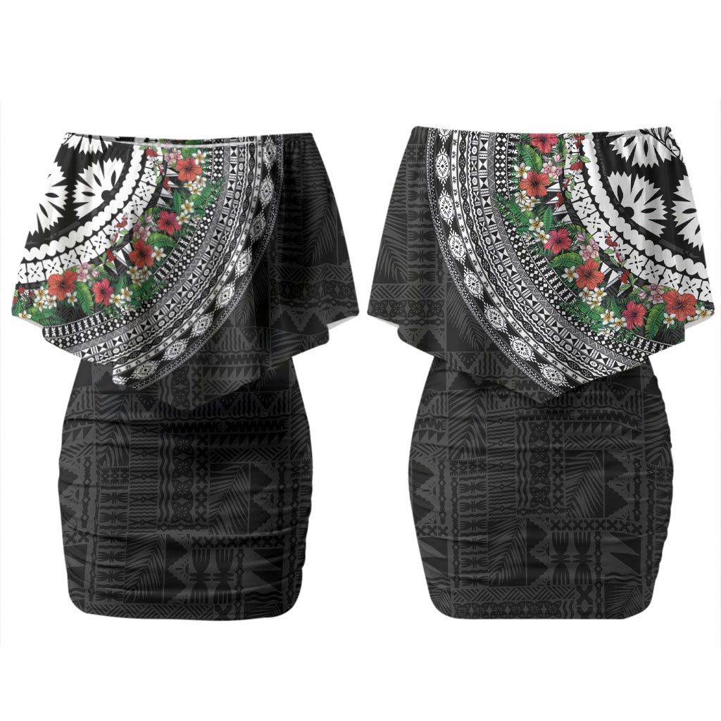 Fiji Hibiscus Couples Matching Off Shoulder Short Dress and Hawaiian Shirt Tapa Masi Motifs with Tropical Plants LT03 - Polynesian Pride