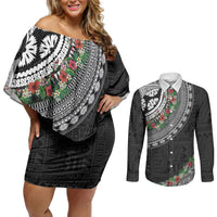 Fiji Hibiscus Couples Matching Off Shoulder Short Dress and Long Sleeve Button Shirt Tapa Masi Motifs with Tropical Plants LT03 Black - Polynesian Pride