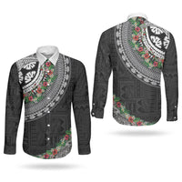 Fiji Hibiscus Couples Matching Off Shoulder Short Dress and Long Sleeve Button Shirt Tapa Masi Motifs with Tropical Plants LT03 - Polynesian Pride