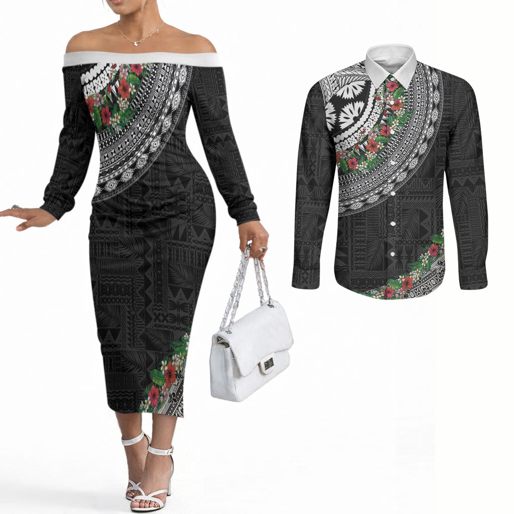 Fiji Hibiscus Couples Matching Off The Shoulder Long Sleeve Dress and Long Sleeve Button Shirt Tapa Masi Motifs with Tropical Plants LT03 Black - Polynesian Pride