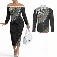 Fiji Hibiscus Couples Matching Off The Shoulder Long Sleeve Dress and Long Sleeve Button Shirt Tapa Masi Motifs with Tropical Plants LT03 Black - Polynesian Pride