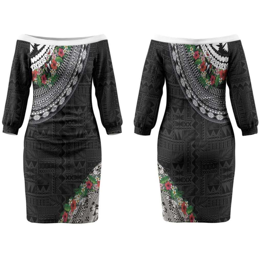 Fiji Hibiscus Couples Matching Off The Shoulder Long Sleeve Dress and Long Sleeve Button Shirt Tapa Masi Motifs with Tropical Plants LT03 - Polynesian Pride